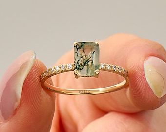Moss Agate Engagement Ring, Emerald Cut Solitaire Ring, Solid Gold Gemstone Ring, Green Stone Ring, Birthday Gift for Mom