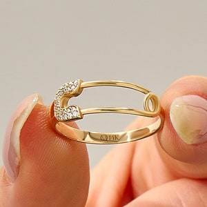 Solid Gold Safety Pin Ring, 14k Gold Unique Statement Ring, Friendship Ring for Women, Pave Moissanite Stackable Rings, Minimalist Ring