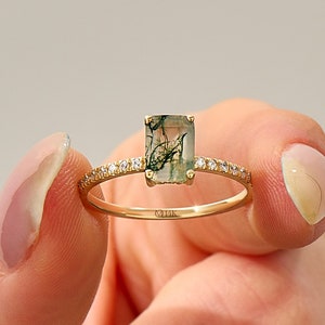 Moss Agate Engagement Ring, Emerald Cut Solitaire Ring, Solid Gold Gemstone Ring, Green Stone Ring, Birthday Gift for Mom