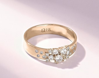 Cluster Wedding Band Ring, 14k Solid Gold Thick Anniversary Band Moissanite Ring,Dainty Promise Ring for Women,Created Diamond Ring, Lillian