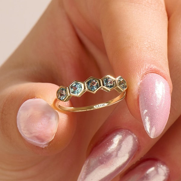 14k Hexagon Cut Wedding Ring, Solid Gold Teal Sapphire Ring, 5 Stone Bezel Half Eternity Ring Women, Perfect Anniversary Gift Ring, Charli