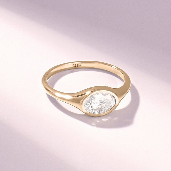 1ct East West Moissanite Ring, 14k Gold Bezel Engagement Ring, Solid Gold Oval Moissanite Ring, Dainty Lab Diamond Solitaire Ring, Arya