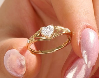 14k Moissanite Love Engagement Ring, Solid Gold Filigree Promise Ring, Vintage Heart Solitaire Ring Women, Elegant Lab Grown Ring, Celine