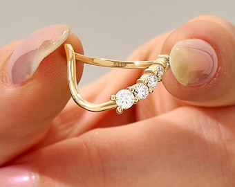 14k Gold Deep Curved Stacking Ring, Dainty Moissanite Chevron Ring Women, Wavy Nesting Ring for Solitaire Engagement,Lab Diamond Ring,Willow