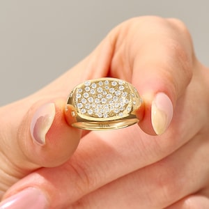 14k Solid Gold Moissanite Signet Ring, Chunky Dome Pinky Ring for Women, Pave Band Style, Thick Statement Ring, Bold Jewelry Gift Idea