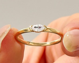 14k East West Solitaire Ring, Solid Gold Basic Moissanite Engagement Ring, Minimal Promise Ring Women, Tiny Bridal Ring, Marquise Cut,Autumn