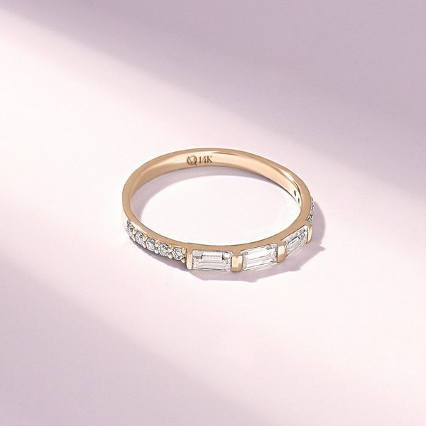 Classic Baguette Moissanite Wedding Band for Women, Solid Gold Half Eternity Marriage Ring, 14k Real Gold East West Stacking Ring, Brooklyn