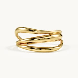 14K Solid Gold Multi Band Ring, Modern Gold Statement Ring, Dainty Wide Band Design, Elegant Everyday Stacking Ring for Women