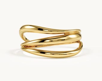 14K Solid Gold Multi Band Ring, Modern Gold Statement Ring, Dainty Wide Band Design, Elegant Everyday Stacking Ring for Women