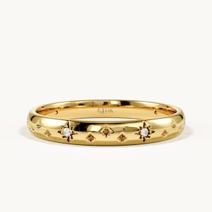 14k Solid Gold Starburst Wedding Band, Celestial Moissanite Ring for Women, Scattered Star Diamond Band, Cosmic Stacking Jewelry
