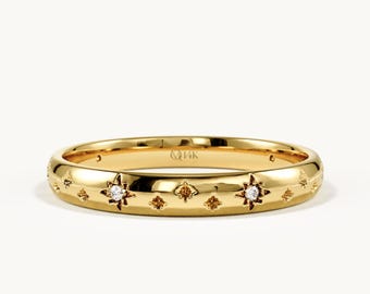 Fede nuziale a stella in oro massiccio 14 carati, anello con moissanite celeste per donna, fede con diamanti a stella, gioielli cosmici impilabili