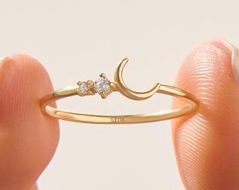 Crescent Moon Ring 14K Solid Gold, Dainty Moissanite Celestial Ring for Women, Tiny Stackable Promise Ring, Gift for Girlfriend