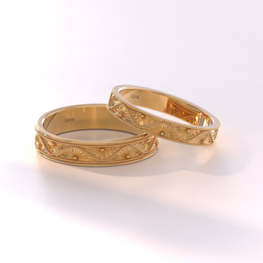 Ensemble Trio Alliances Mariage Or 14K Massif - His & Hers, Taille 7 Et 9.5, Avec CZ