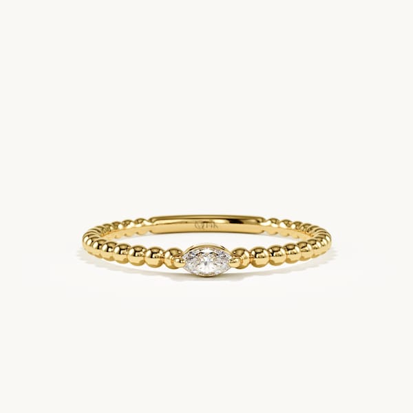 14K Massivgold Marquise Lab Diamant Ring, zierliche Lünette Set Bubble Band, Marquise Verlobungsring, Ost-West Verlobungsring, minimalistischer stapelbarer Geschenkring