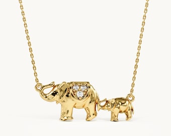 Solid Gold Elephant Necklace, 14K Moissanite Elephant Necklace, Unique Real Gold Animal Moissanite Necklace, Dainty Jewelry Gift