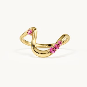 Ruby Wave Ring, 10K 14K Solid Gold, Lab Ruby Open Stacking Ring for Women