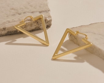 14k Gold Triangle Earrings, Solid Gold Geometric Hoops, Minimalist Triangle Hoop Earrings, Fine Jewelry Gift for Her