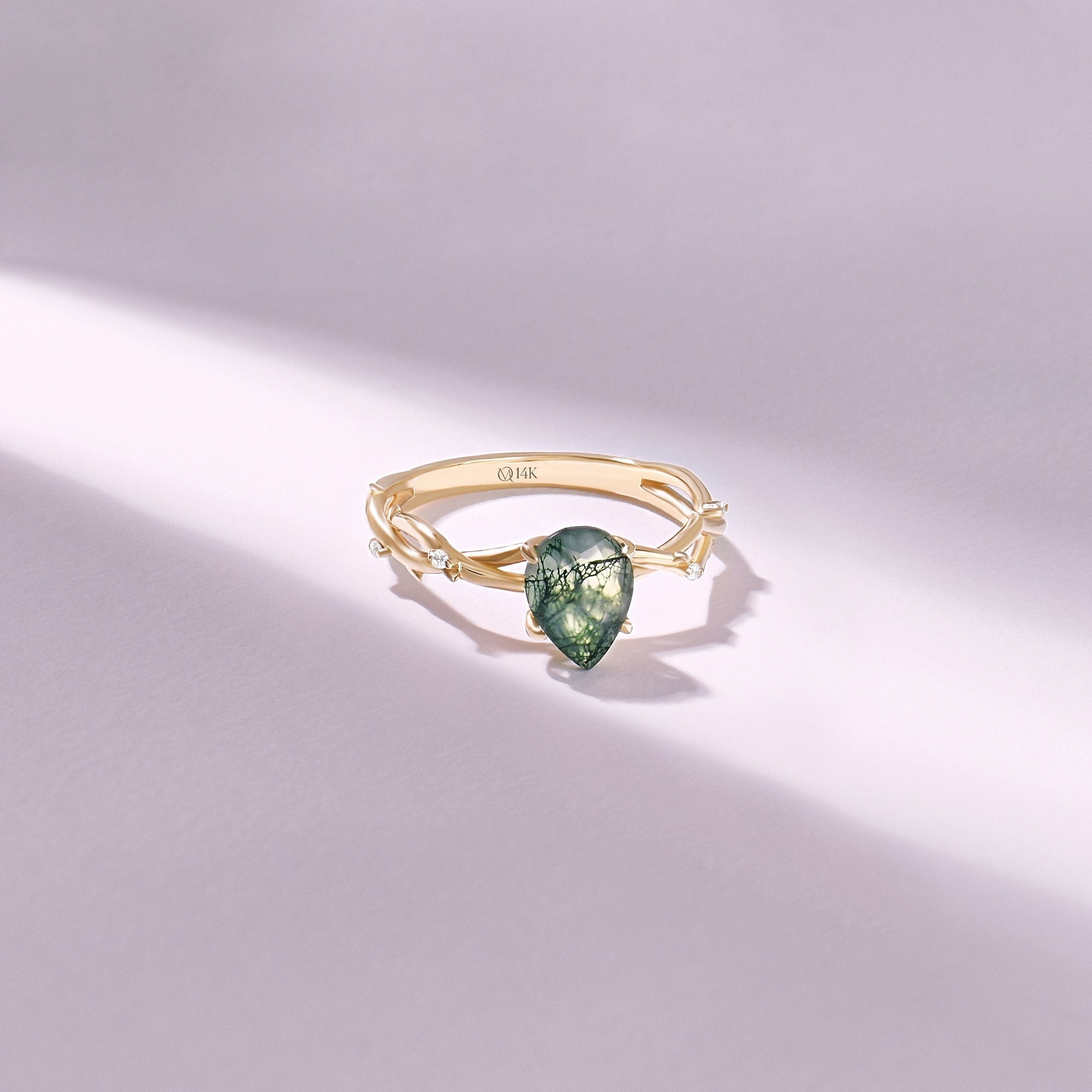 14k Solid Gold Pear Moss Agate Ring, Nature Inspired Twig Engagement Ring for Women, Green Solitaire Gemstone Ring, Unique Anniversary Gift
