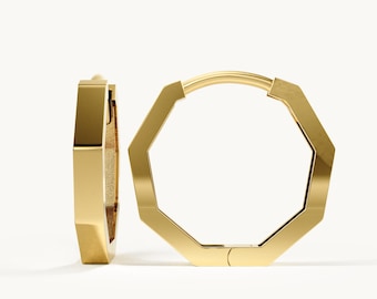 Octagon Hoop Earrings, 14K Solid Gold Huggie Earrings, Minimalist Geometric Gold Hoops, Modern Everyday Hoop Earrings, Gift For Her