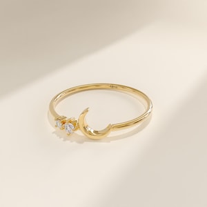14k Solid Gold Crescent Moon Ring, Dainty Moissanite Celestial Band, Tiny Promise Ring for Women, Delicate Stackable Starry Night Jewelry