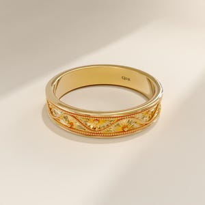 Solid Gold Wedding Band Men Women, 14k Vintage Design Ring for Couples, His Her Commitment Ring, 3mm Matching Band, Engraved, Flat, Comfort