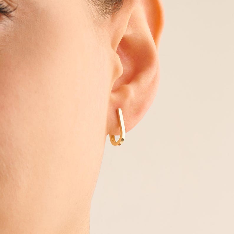 14K Solid Gold U Shaped Hoop Earrings, Dainty Huggie Hoops, Minimalist ...