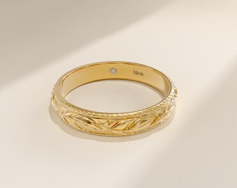 Solid Gold Wedding Band, Floral Gold Band, Ring for Marriage
