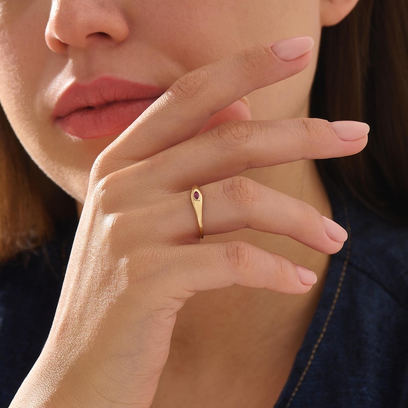 14K Solid Gold Lab Created Ruby Ring, Minimalist Pink Gemstone Band, Dainty Birthstone Promise Ring for Women, Anniversary Gift For Her image 4