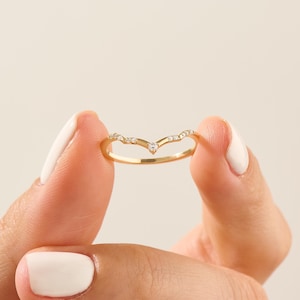 V Shaped Moissanite Wedding Band 14K Solid Gold, Wishbone Stackable Ring, Curved Pave Enhancer Band, Minimalist Bridal Ring for Women