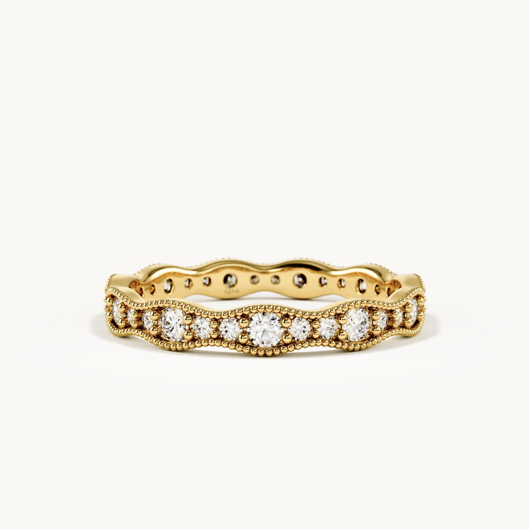 14K Solid Gold Moissanite Eternity Wedding Band, Dainty Wave Pave Ring ...