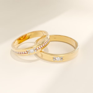 14k Solid Gold Wedding Band Set, Moissanite Bridal Rings for Couples
