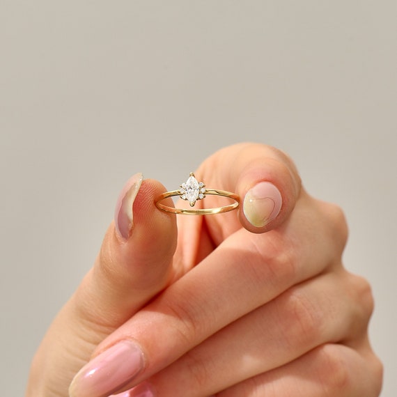 14k Gold Tiny Engagement Ring, Solid Gold Marquise Moissanite Ring, Dainty Moissanite Solitaire Ring, Minimalist Lab Diamond Ring Gift