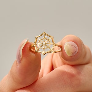 Solid Gold Spider Web Ring, Unique Spooky Ring, Gothic Statement Ring, Tiny Moissanite Ring, Dainty Halloween Rings for Women, Gift for Her