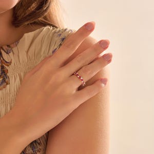 14K Gold Ruby and Moissanite Band Ring, Lab Ruby Wedding Band, Gemstone Stacking Ring