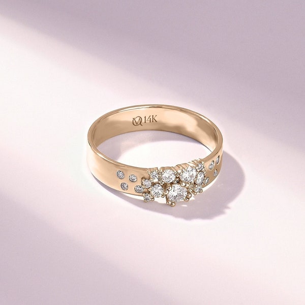 Anillo de banda de boda de racimo, anillo de moissanita de banda de aniversario grueso de oro sólido de 14 k, anillo de promesa delicado para mujeres, anillo de diamantes creado, Lillian