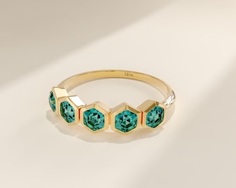 14k Solid Gold Teal Sapphire Ring, Hexagon Bezel Set Half Eternity Band, Lab Created 5 Stone Ring, Dainty Anniversary Wedding Gift for Her