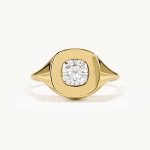 14k Solid Gold Moissanite Signet Ring, Bezel Set Diamond Pinky Ring, Chunky Gold Statement Jewelry for Women, Round Lab Diamond Ring