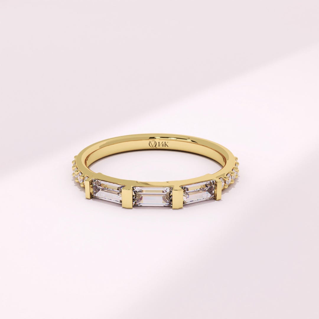 14k Solid Gold Baguette Moissanite Half Eternity Wedding Band, Handmade ...