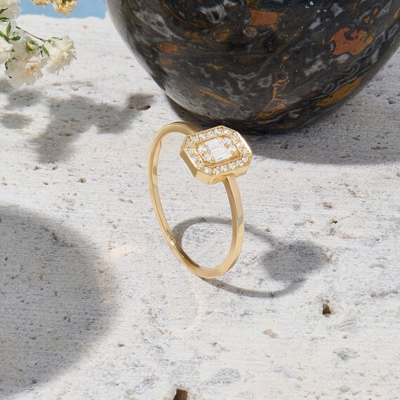 Unique Halo Rectangle Engagement Ring 14k Solid Gold Vintage