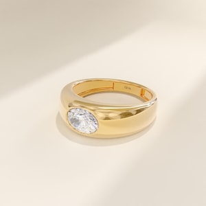Thick Band Engagement Ring 14k Solid Gold Oval Moissanite Chunky Ring for Women Bezel Moissanite Dome Ring Jewelry Gift for Wife Birthday