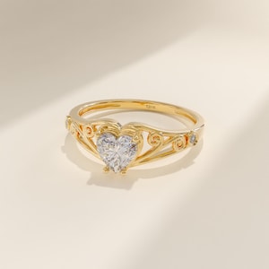 14k Moissanite Love Engagement Ring, Solid Gold Filigree Promise Ring, Vintage Heart Solitaire Ring Women, Elegant Lab Grown Ring Gift