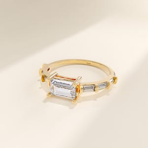 Baguette Engagement Ring, Solid Gold Moissanite Baguette Ring for Women, Half Eternity Ring, Diamond Solitaire Ring