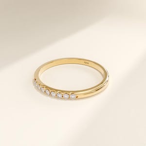 14k Pave Moissannite Skinny Wedding Band, 1.5mm Solid Gold Thin Ring, Half Eternity Stacking Ring Enhancer, Marriage Rings for Women, Alana