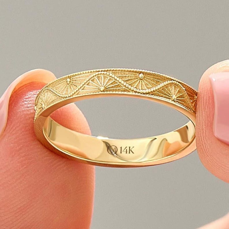 Floral Wedding Band 14K Solid Gold, Botanical Ring for Women, Minimalist Nature Inspired Vintage Ring, Gift for Wife image 6