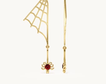 14K Gold Spinnennetz Ohrringe mit Granat Spinne, Gothic Baumeln Ohrringe, einzigartiger Halloween Schmuck, gruseliger roter Edelstein Tropfen, witchy Geschenk