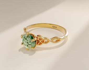 14k Gold Crystal Engagement Ring, Solid Gold Celtic Knot Ring, Round Moss Agate Ring, Green Stone Solitaire Ring, Vintage Design Ring,Kamila