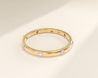 14k Flush Set Moissanite Band, Real Gold Wedding Ring for Women, Solid Gold Eternity Stacking Ring Enhancer, Scattered Diamond Band, Blake