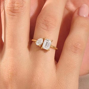 1.3ct Moissanite Toi et Moi Ring, Solid Gold Emerald and Pear Cut Engagement Ring, 14k Double Stone Ring, Two Diamond Ring for Women