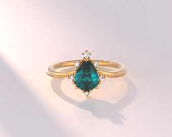 14k Pear Sapphire Engagement Ring, Solid Gold Teal Sapphire Ring, Unique Vintage Solitaire Ring Women, Pretty Anniversary Ring for Her, Elle