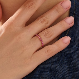 14K Solid Gold Lab Created Ruby Ring, Minimalist Eternity Band, Dainty Red Gemstone Wedding Band, Stacking Promise Ring, Gift For Her Bild 9